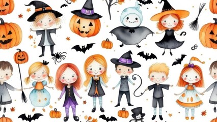 Halloween watercolor cute seamless pattern for children, pumpkins, kids on white isolated background, festive watercolor Halloween background