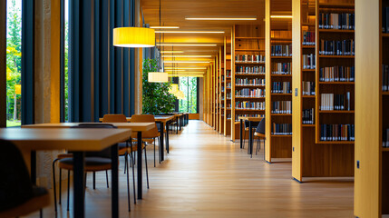 a high-end college university library interior, showcasing modern architecture with tall bookshelves, polished wooden tables, and comfortable seating areas