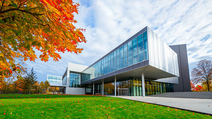 a contemporary university campus in autumn, featuring a modern academic building with sleek, glass-facade structure, luxury college