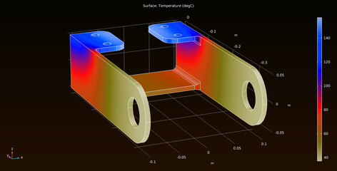 Computer 3d modeling of the steel mechanical part. Thermal analysis. Investigation of the temperature distribution on the surface of the mechanical part. Physical properties of solids. © TKalinovskaya