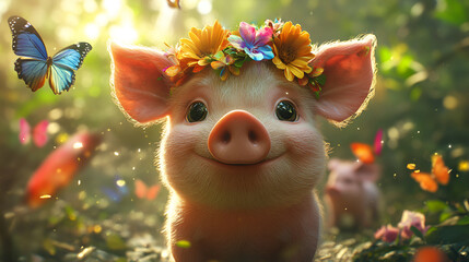 Cute Piglet with Flower Crown and Butterflies