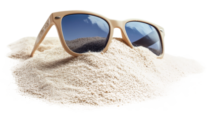 Sunglasses resting on beach sand during daytime, cut out - stock png.