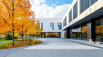 Obraz premium a university campus in autumn season, featuring a modern academic building, college facility
