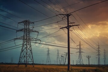 Fototapeta premium High Voltage Power Lines Against Sunset Sky