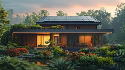 solar panels on roof, alternative energy saving lifestyle concept