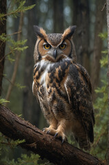 Fototapeta premium Majestic Great Horned Owl in a Serene Forest
