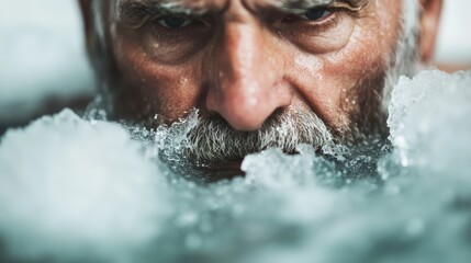 A detailed close-up image depicting the interaction between ice and water, showcasing the purity and complexity of these natural elements in high resolution.