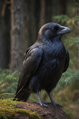 Majestic Raven in Forest Setting