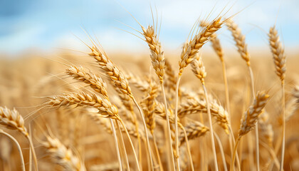 Fototapeta premium Close up of wheat ears, field of wheat in a summer day. Harvesting period
