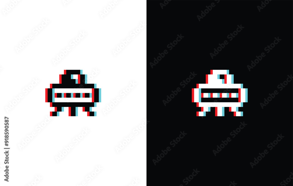 Poster glich effect pixel art ufo vector icon spaceship pixel element for 8 bit space arcade game