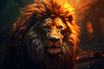 Fototapeta premium Lion with a fiery mane symbol of courage and power