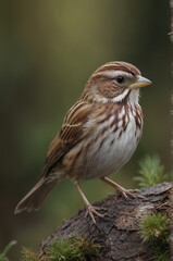Fototapeta premium Song Sparrow on a Mossy Log