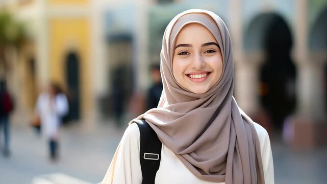 young teenage Muslim college student walking in city with building as background, idea for women's rights and freedom in Middle East concept,