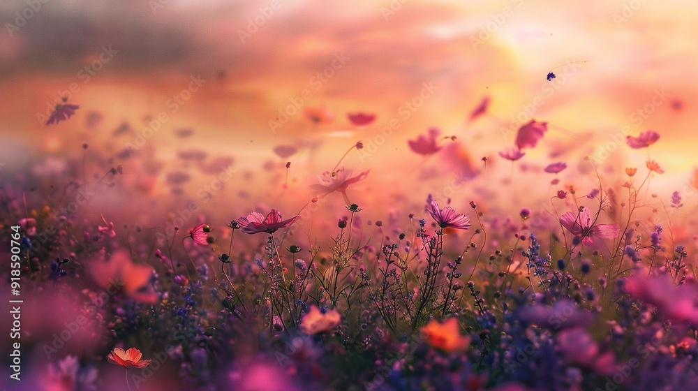 Canvas Prints  A meadow brimming with lavender blooms beneath a warm orange-pink sky, dotted with fluttering butterflies