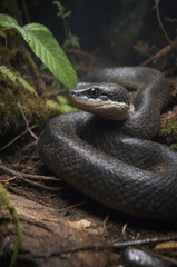 Fototapeta premium Coiled Snake in Lush Forest Setting