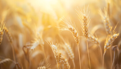 Fototapeta premium Close up of wheat ears, field of wheat in a summer day. Harvesting period
