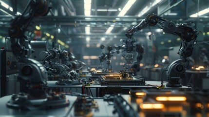 Obraz premium A high-tech factory floor with robotic arms assembling intricate components.