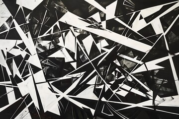 An intricate web of sharp angles and intersecting lines, bold contrasts of black and white, pulsating with energy, Constructivist style