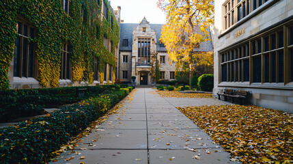 a university campus exterior in autumn, featuring a historic building with ivy-covered walls and a surrounding courtyard adorned with autumn leaves