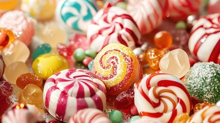   A collection of various candies and lollipops arranged together on a table top