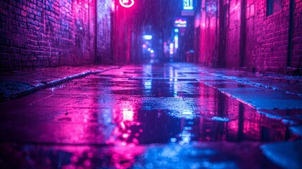 Neon lit alleyway in the rain - generative ai