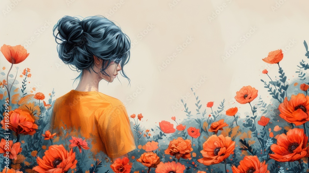 Wall mural a woman in a yellow shirt stands amidst vibrant red poppies in a serene landscape during a sunny day