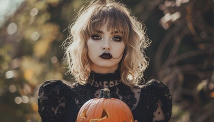 Gothic Woman Holding Pumpkin in Sunlit Garden

