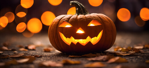halloween pumpkin on black background with Bokeh soft light, As aground/banner.