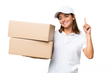 Delivery caucasian woman holding boxes isolated on green chroma background showing and lifting a finger in sign of the best