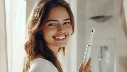 Portrait of young woman caucasian model with perfect smile in light bathroom. She hold electric tooth brush and cheerful smiling at camera. Mouth hygiene and ortodont issues concept.