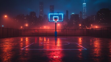 Neon-lit basketball court at night - generative ai