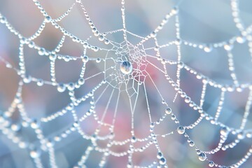 Glistening droplets of dew on an abstract web of gossamer threads, captured in shades of clear crystal and soft dawn hues, delicate and ephemeral.