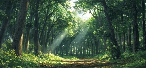 Obraz premium Secluded Anime-Inspired Forest, Dense Foliage with Sunbeams Piercing Through, Solitary Bird Songs in a Tranquil, Mystical Setting,Abstract concepts, game concept art, storybook illustrations