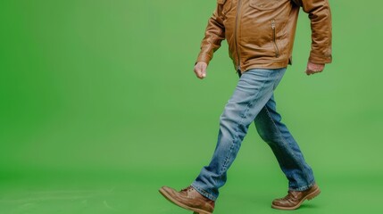 Indian man walking in a leather jacket on a green background