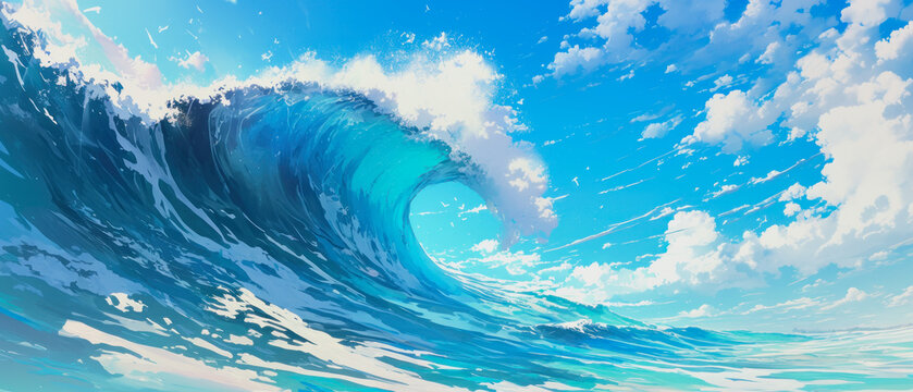 anime background illustration with a big wave in the blue ocean against blue cloudy sky