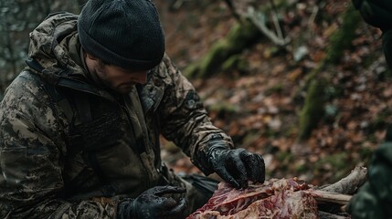 Experienced Hunter Dressing a Freshly Harvested Deer in a Lush Forest Setting with Natural Light
