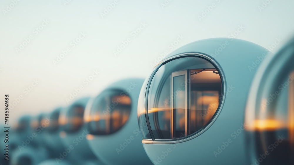 Wall mural A serene image of futuristic pod homes aligned in a perfect array during a beautiful sunrise. The image evokes a sense of innovation and modern living in harmony with nature.