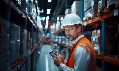 Caucasian man inspector in helmet and tablet make inspection in Huge fulfillment center of giant fulfillment center of e-commerce company with hundreds thousands of goods stored on Storage Racks.