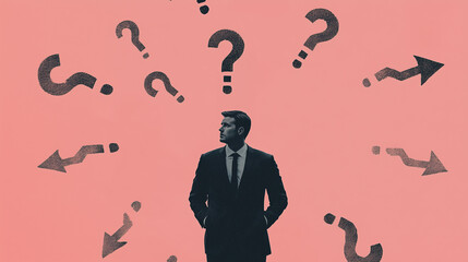 Minimalist retro collage of a black-and-white photograph of a man in a suit against a pink background, surrounded by arrows and question marks. Concept of doubt and choice.