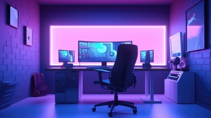 Empty video editing workstation in illuminated office space