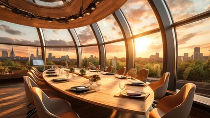 Fototapeta premium Warm boardroom meeting at sunset with city skyline view