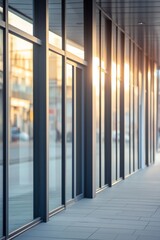A long, empty street with a lot of glass windows. The windows are reflecting the sun, creating a bright and sunny atmosphere