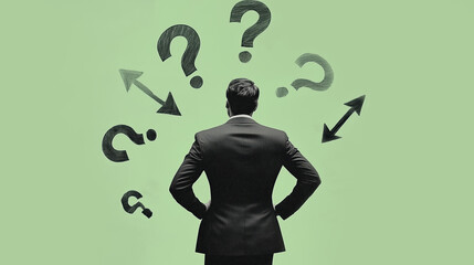Minimalist retro collage of a black-and-white photograph of a man in a suit against a green background, surrounded by arrows and question marks. Concept of doubt and choice.