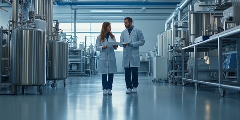 Two scientists are walking through a large industrial building, holding papers in their hands. Scene is serious and focused, as the scientists are likely discussing important information or data