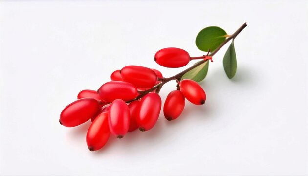 Ripe Barberry Branch: A single sprig of vibrant barberry, laden with plump, juicy red berries, set against a clean white backdrop. 