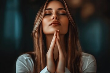 Fototapeta premium Peaceful Woman Meditating with Hands Together in Prayer Pose