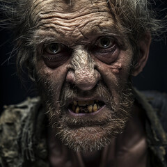 very poorly dressed man, extremely ugly, greasy face, unwashed hair, bad teeth 