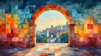 Colorful archway overlooking city - generative ai