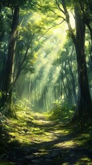 Obraz premium Secluded Anime-Inspired Forest, Dense Foliage with Sunbeams Piercing Through, Solitary Bird Songs in a Tranquil, Mystical Setting,Abstract concepts, game concept art, storybook illustrations