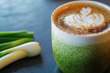 Freshly Brewed Matcha Latte with Artistic Foam Design and Green Onion Garnish on a Rustic Table
